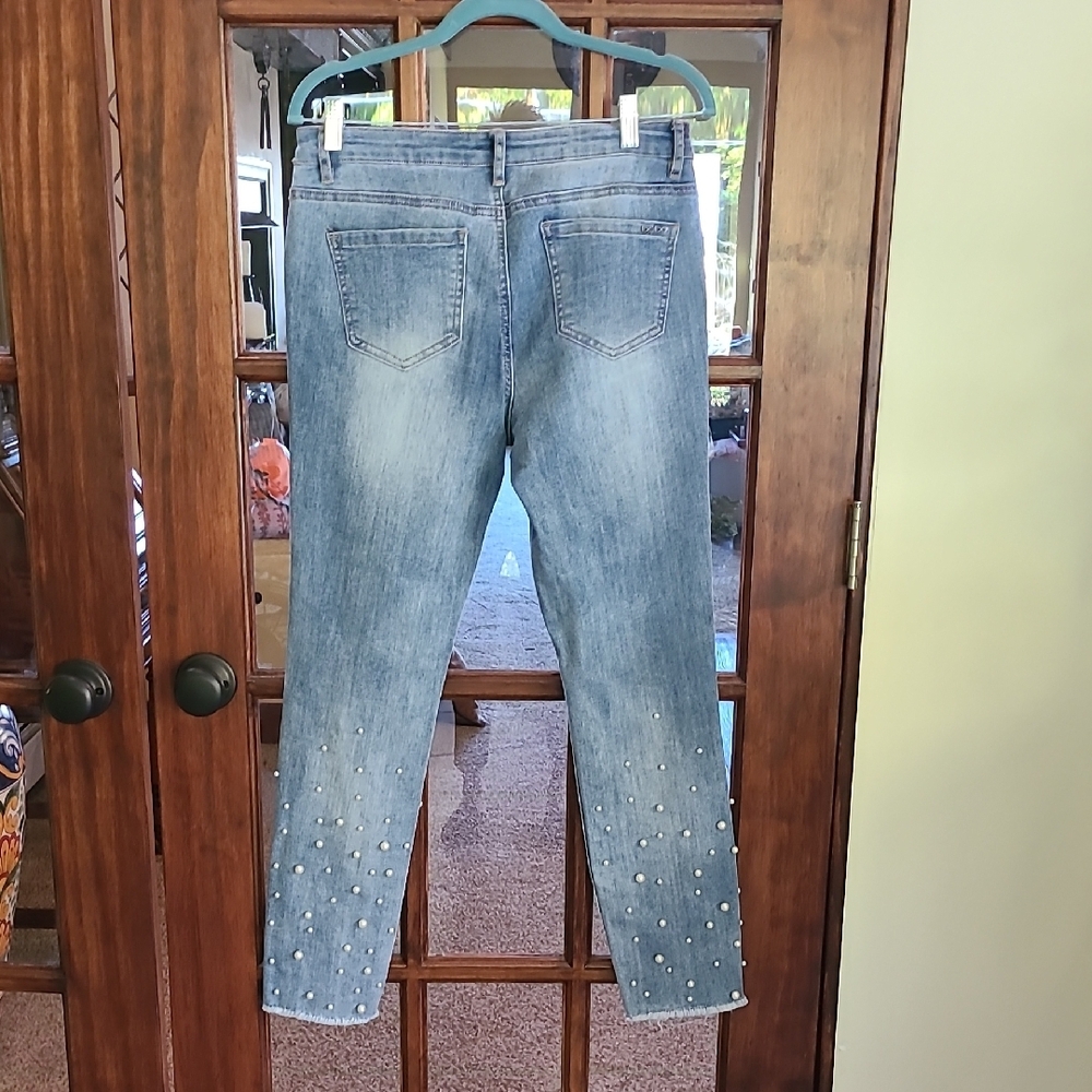 bebe Light Blue Straight Leg Jeans with Pearl Details - Picture 5 of 9